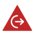 EM icon red triangle icon with white crescent and arrow inside icon