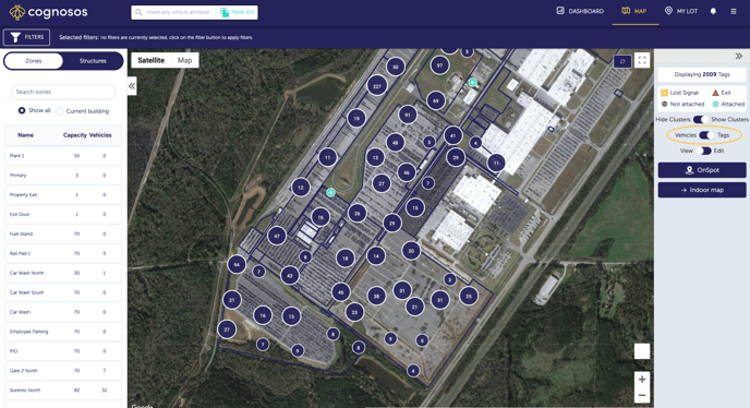Map Tags toggle map view of facility with blue icons representing tag clusters, map icons, and Vehicle Tags toggle set to Tags